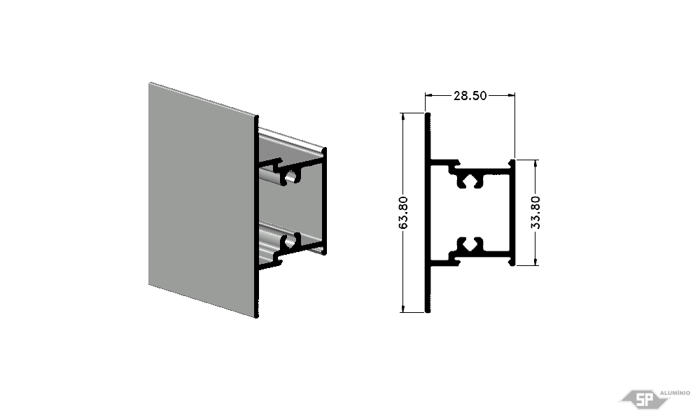 Desenho técnico do perfil de alumínio LG-0055