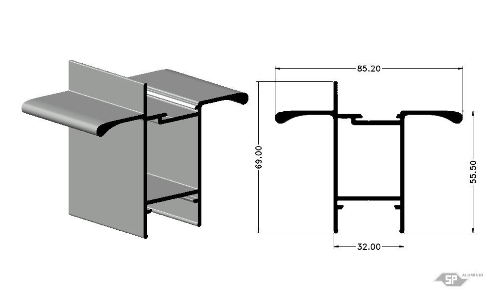Desenho técnico do perfil de alumínio LG-0201