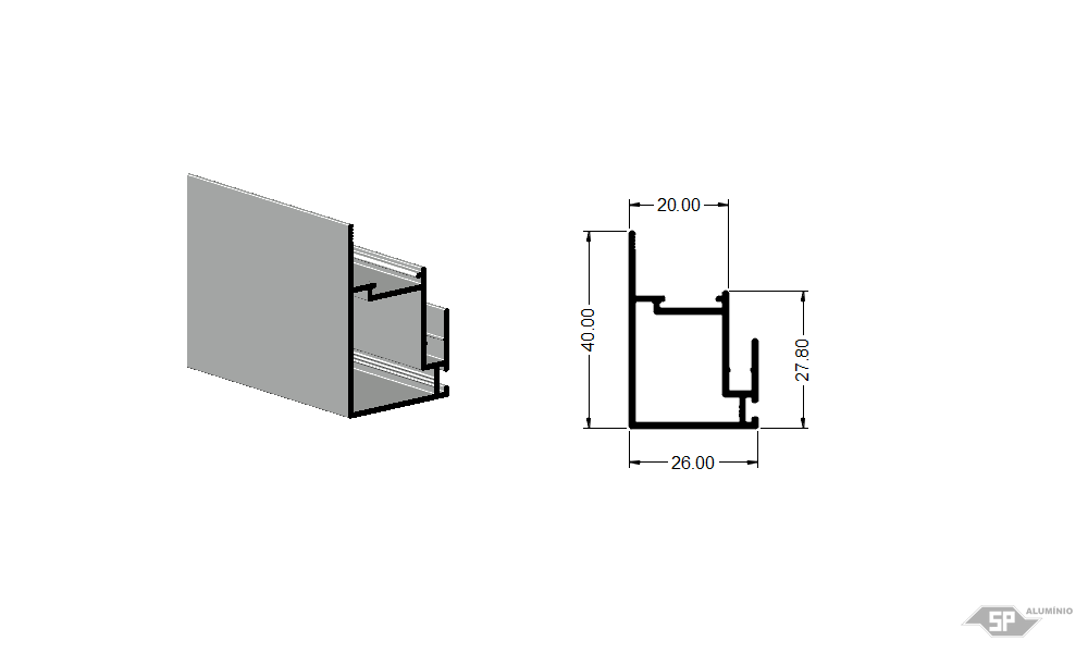 Desenho técnico do perfil de alumínio MP-0302/L