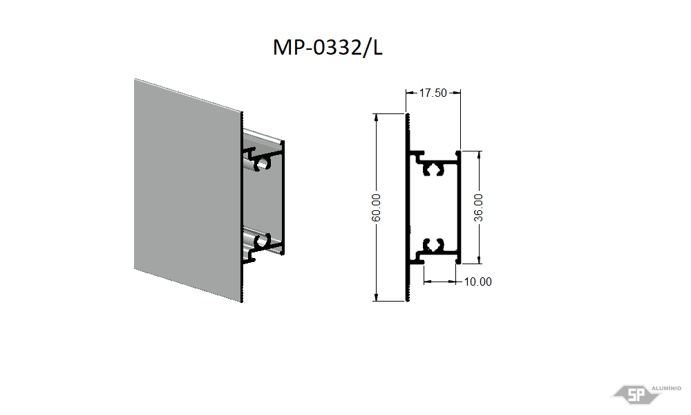 Desenho técnico do perfil de alumínio MP-0332/L