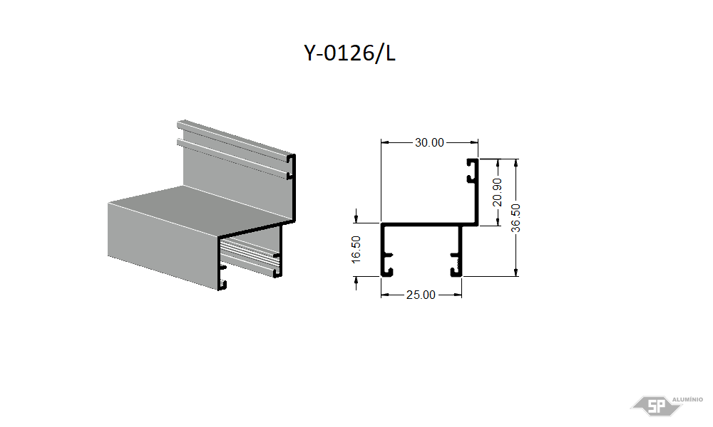 Desenho técnico do perfil de alumínio Y-0126/L