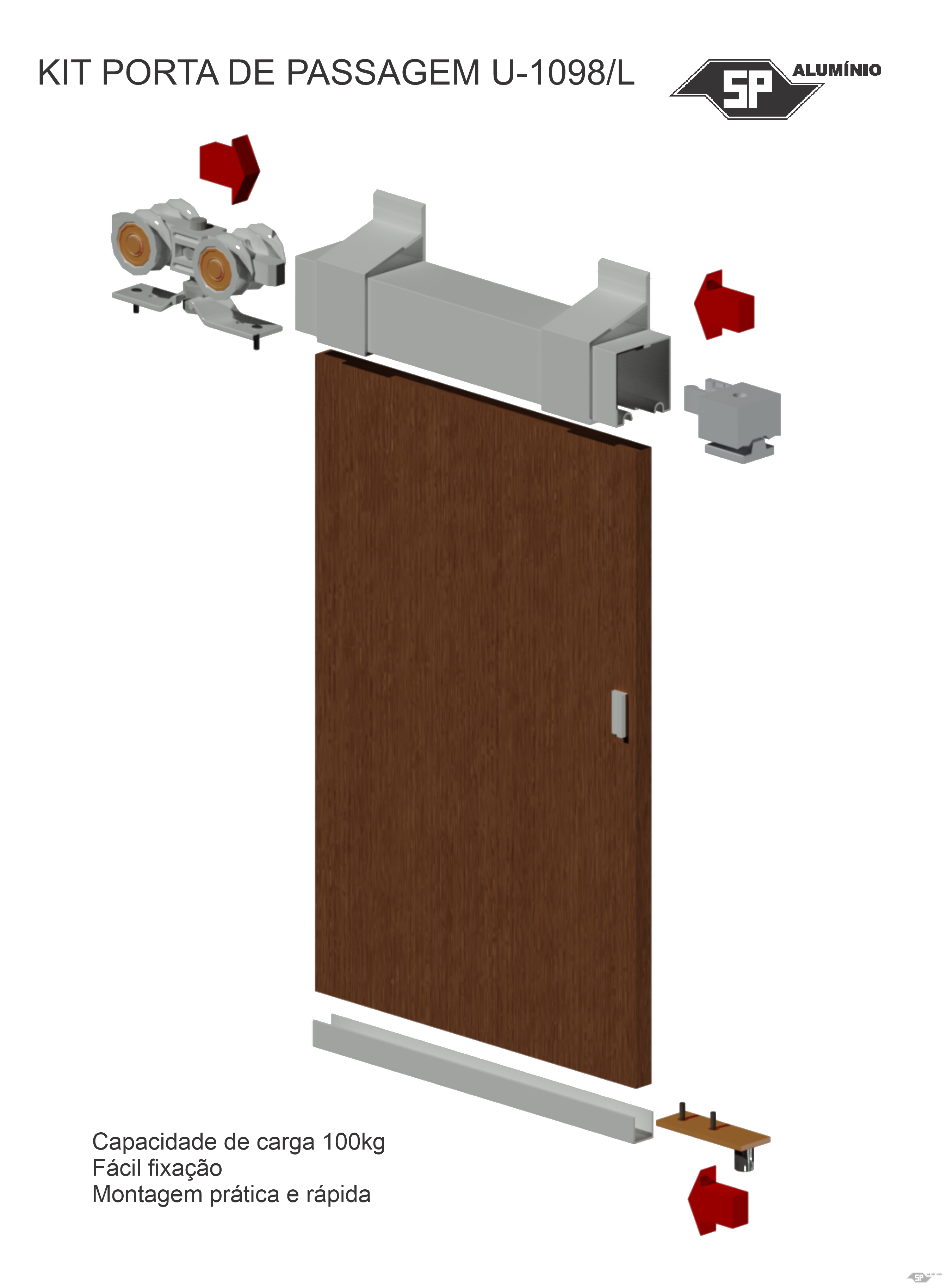 Desenho técnico do perfil de alumínio KIT PORTA DE PASSAGEM U-1098/L