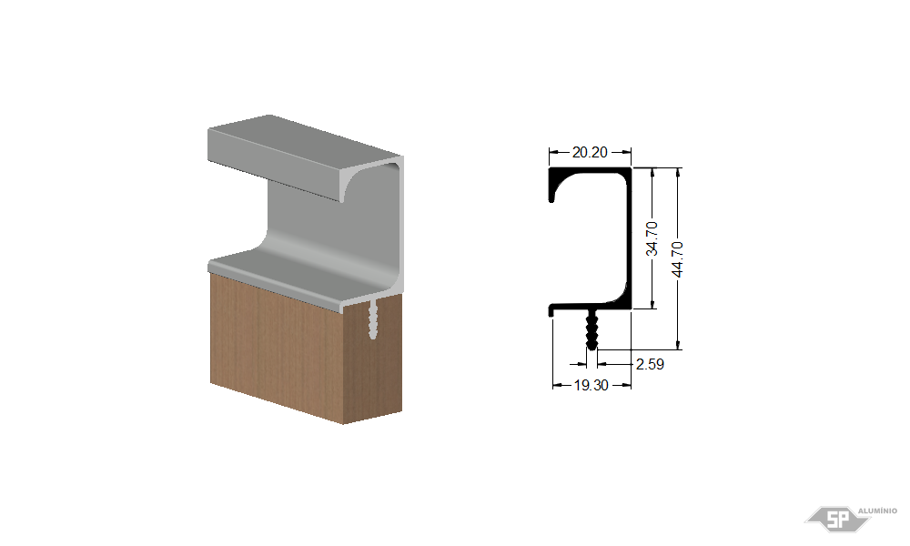 Desenho técnico do perfil de alumínio SP-0021/L