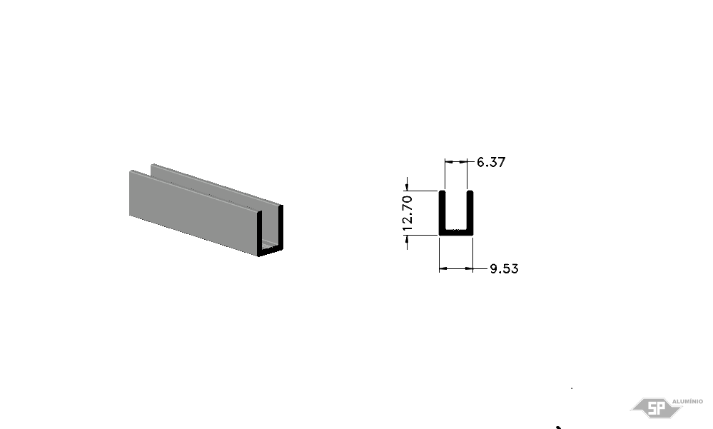 Desenho técnico do perfil de alumínio U-0037