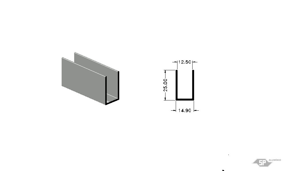 Desenho técnico do perfil de alumínio U-0555