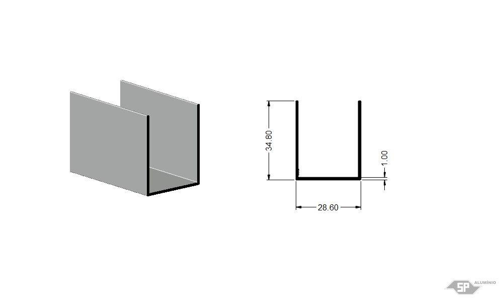 Desenho técnico do perfil de alumínio U-0639/L