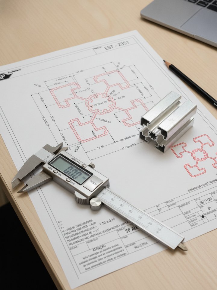 Desenho técnico de perfil de alumínio sob medida sobre mesa de engenharia, com paquímetro e amostra do perfil